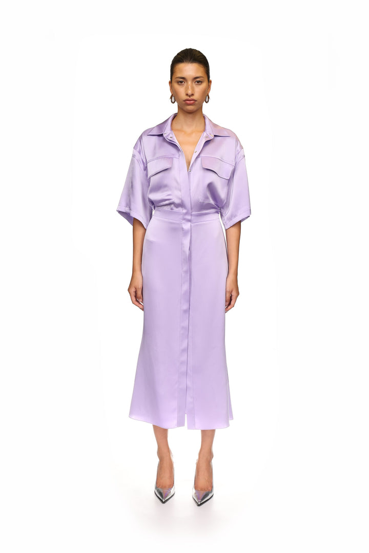 LILAC SATIN SHIRT MIDI DRESS