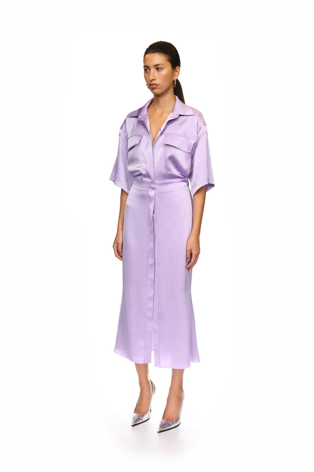 LILAC SATIN SHIRT MIDI DRESS