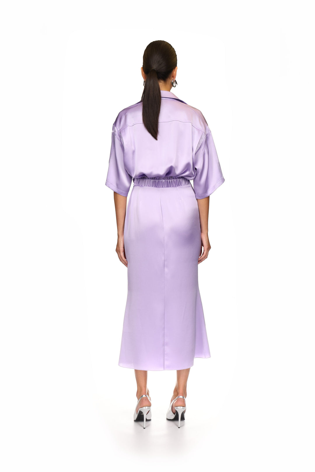 LILAC SATIN SHIRT MIDI DRESS