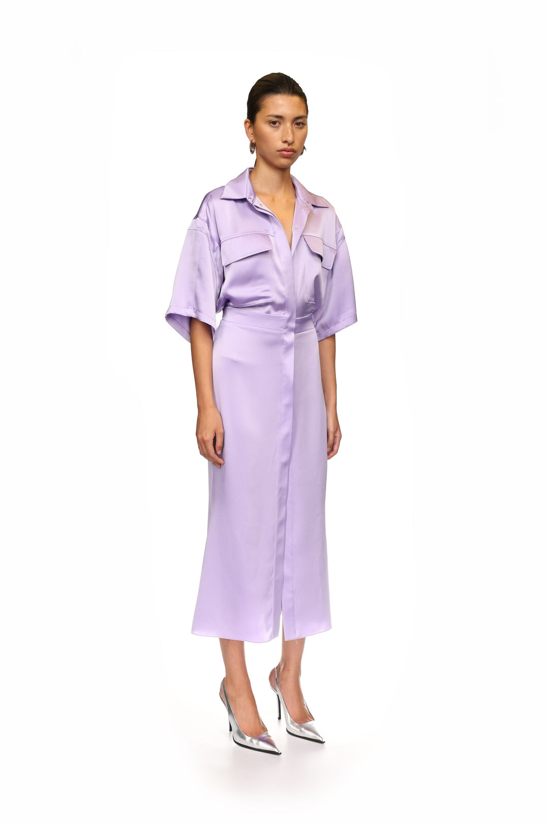 LILAC SATIN SHIRT MIDI DRESS