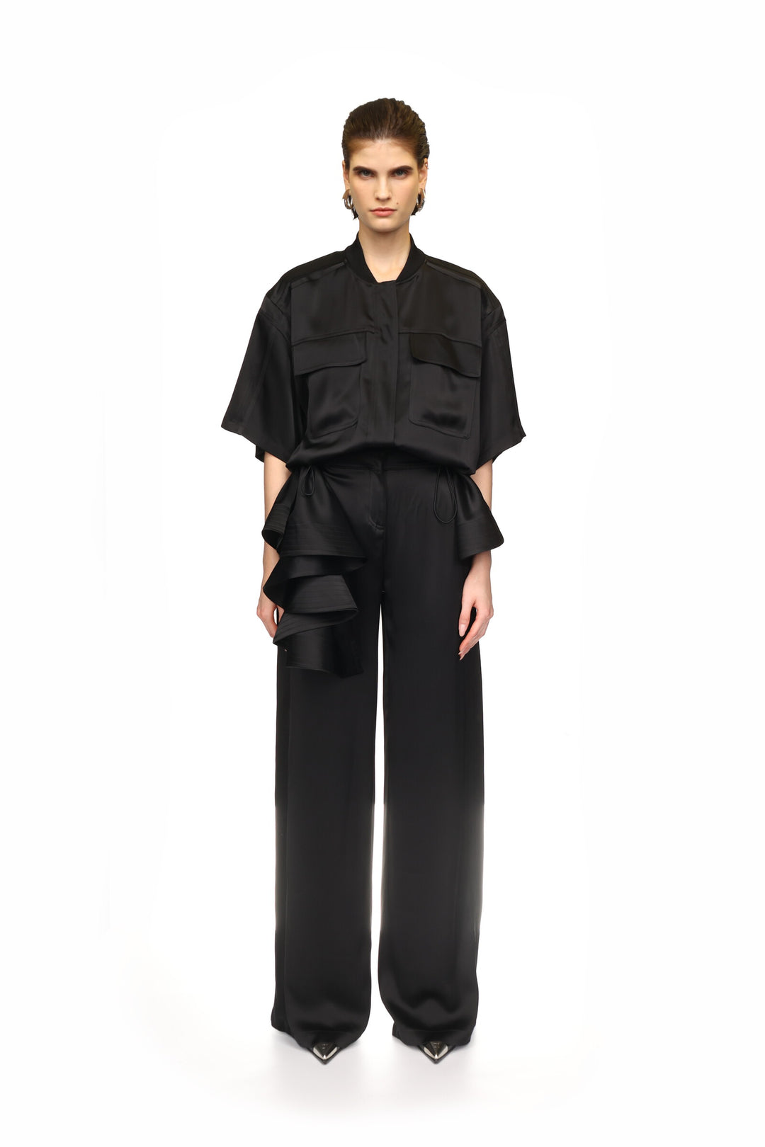 BLACK SATIN SHIRT JUMPSUIT