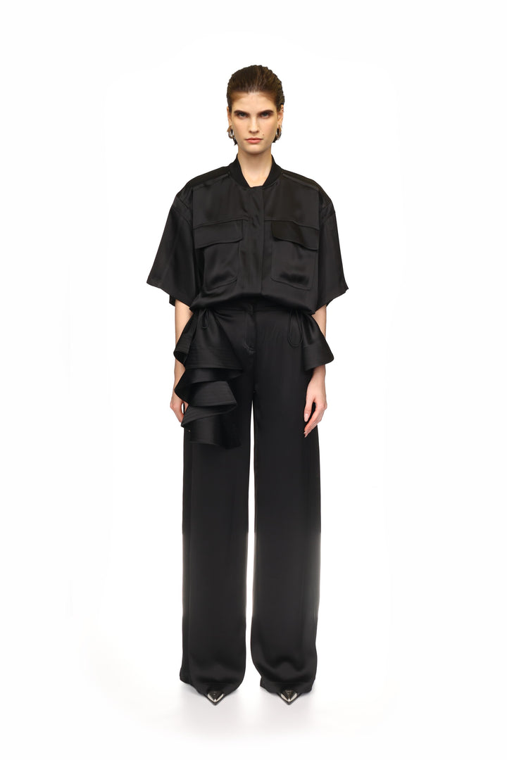 BLACK SATIN SHIRT JUMPSUIT