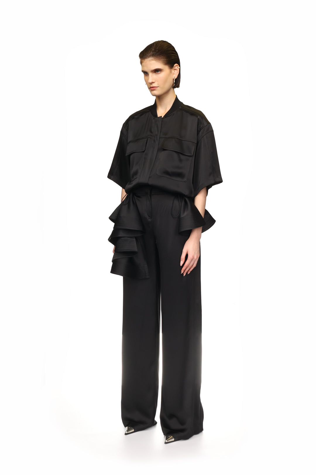 BLACK SATIN SHIRT JUMPSUIT