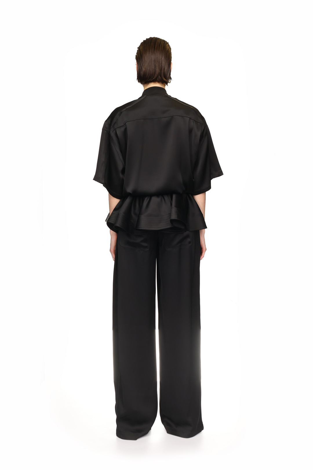 BLACK SATIN SHIRT JUMPSUIT