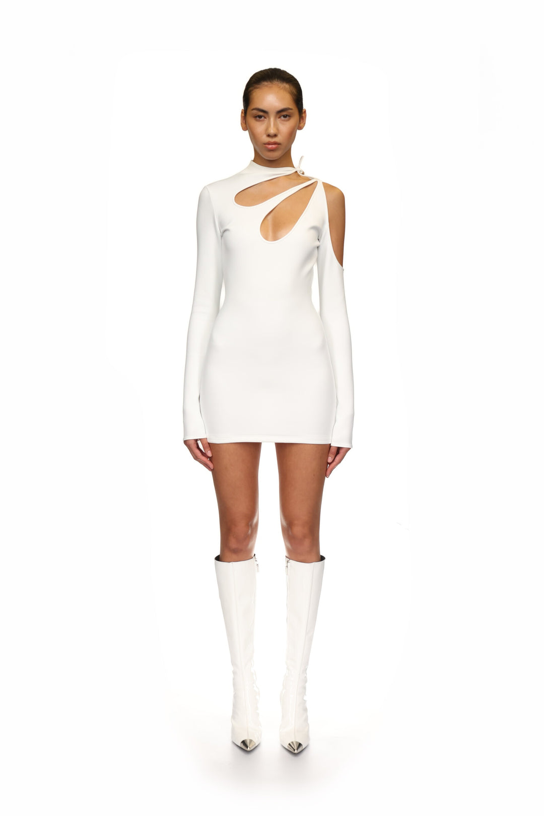 WHITE ASYMMETRIC LONG SLEEVE CUT-OUT MINI DRESS