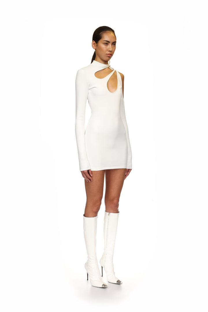 WHITE ASYMMETRIC LONG SLEEVE CUT-OUT MINI DRESS