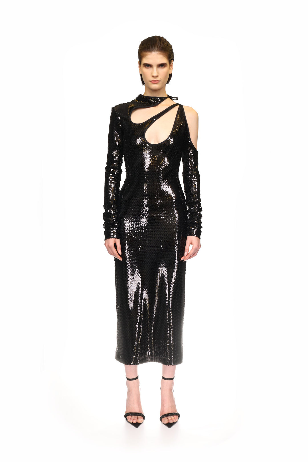 BLACK SEQUIN CUT-OUT PENCIL DRESS