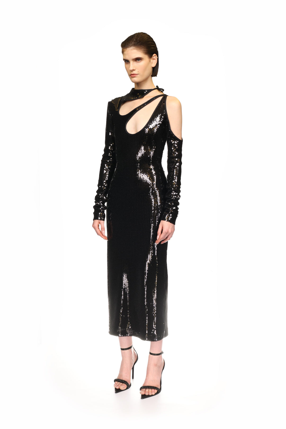 BLACK SEQUIN CUT-OUT PENCIL DRESS