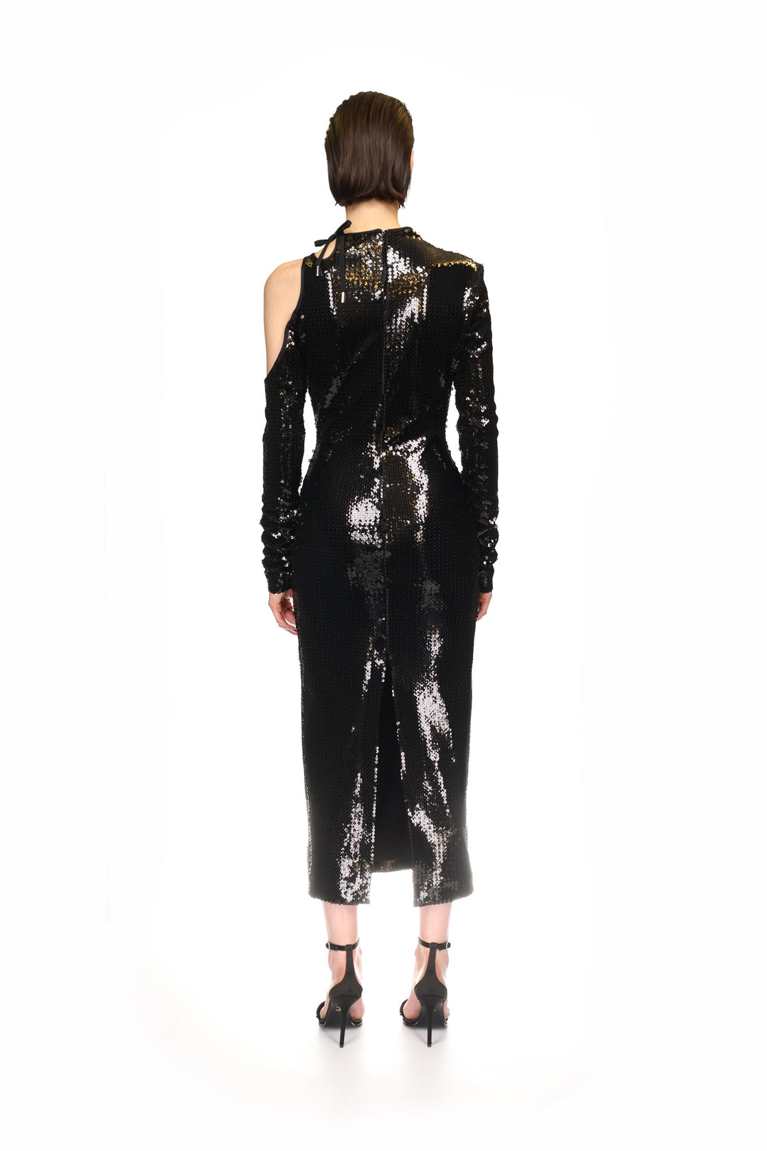 BLACK SEQUIN CUT-OUT PENCIL DRESS