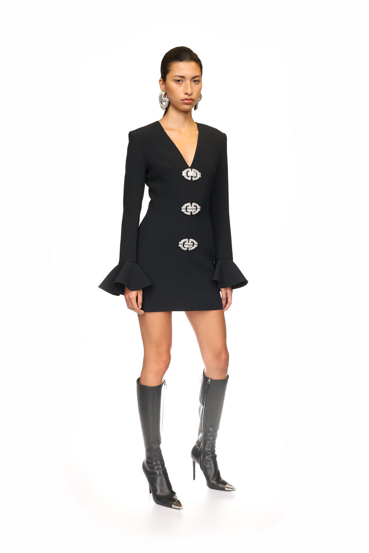 BLACK LONG-SLEEVED BUCKLE MINI DRESS