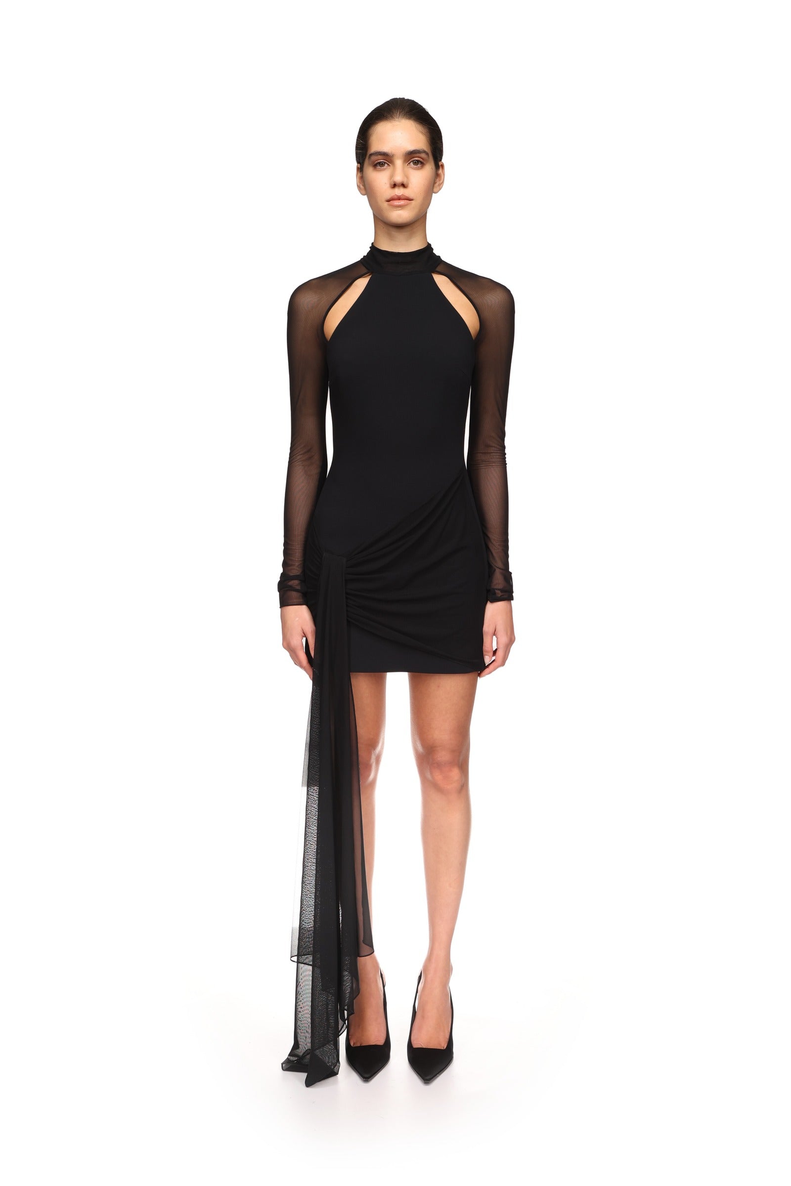 BLACK LONG-SLEEVED MESH MINI DRESS – David Koma