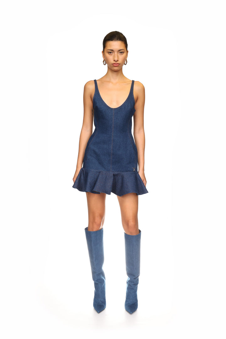 DENIM PLEATED MINI DRESS