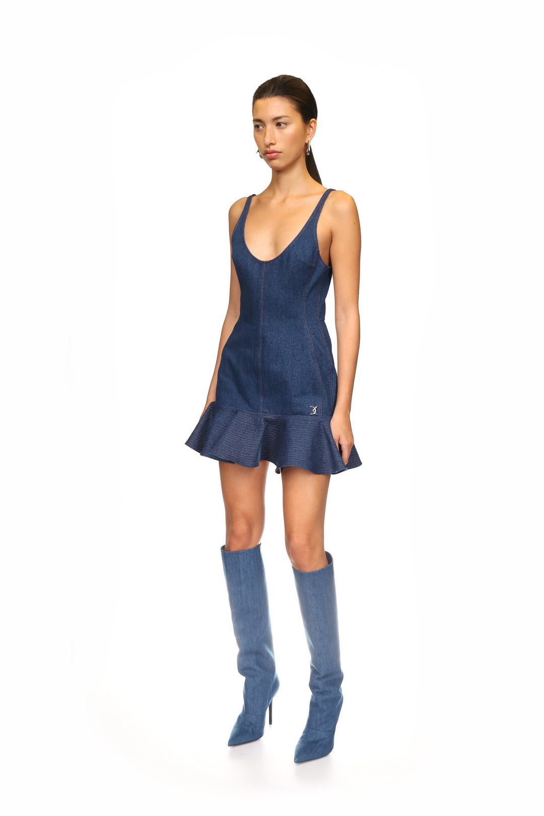 DENIM PLEATED MINI DRESS