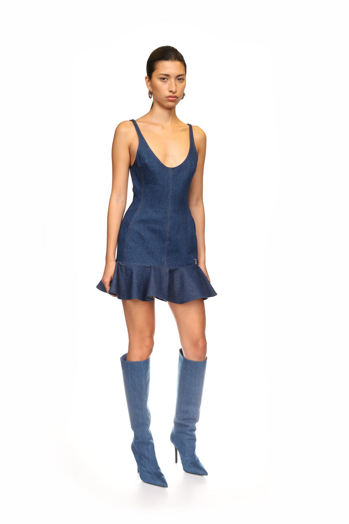 DENIM PLEATED MINI DRESS