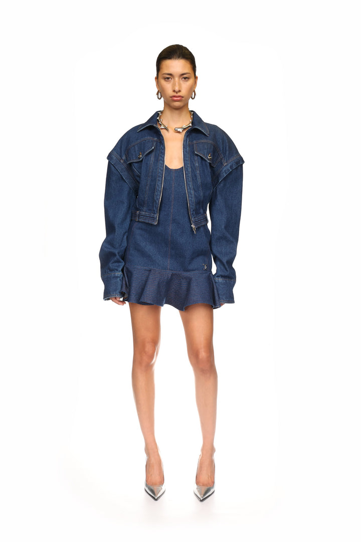 CAP SLEEVE CROPPED DENIM JACKET