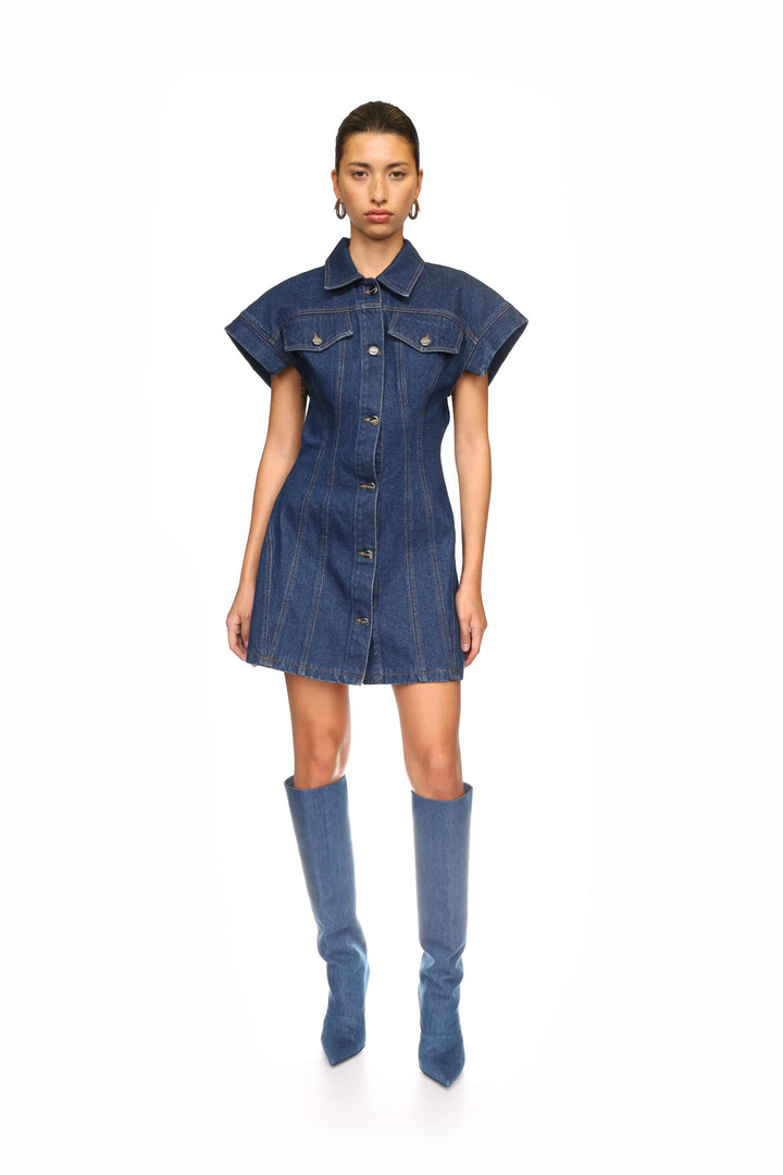DENIM CAP SLEEVE MINI DRESS