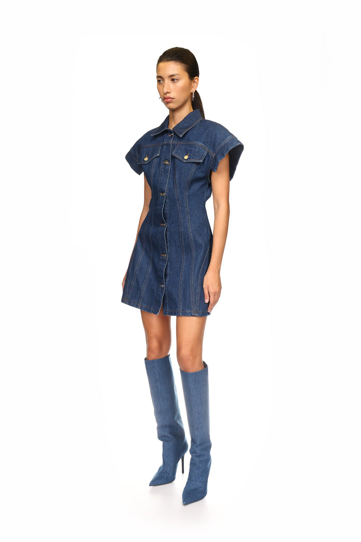 DENIM CAP SLEEVE MINI DRESS
