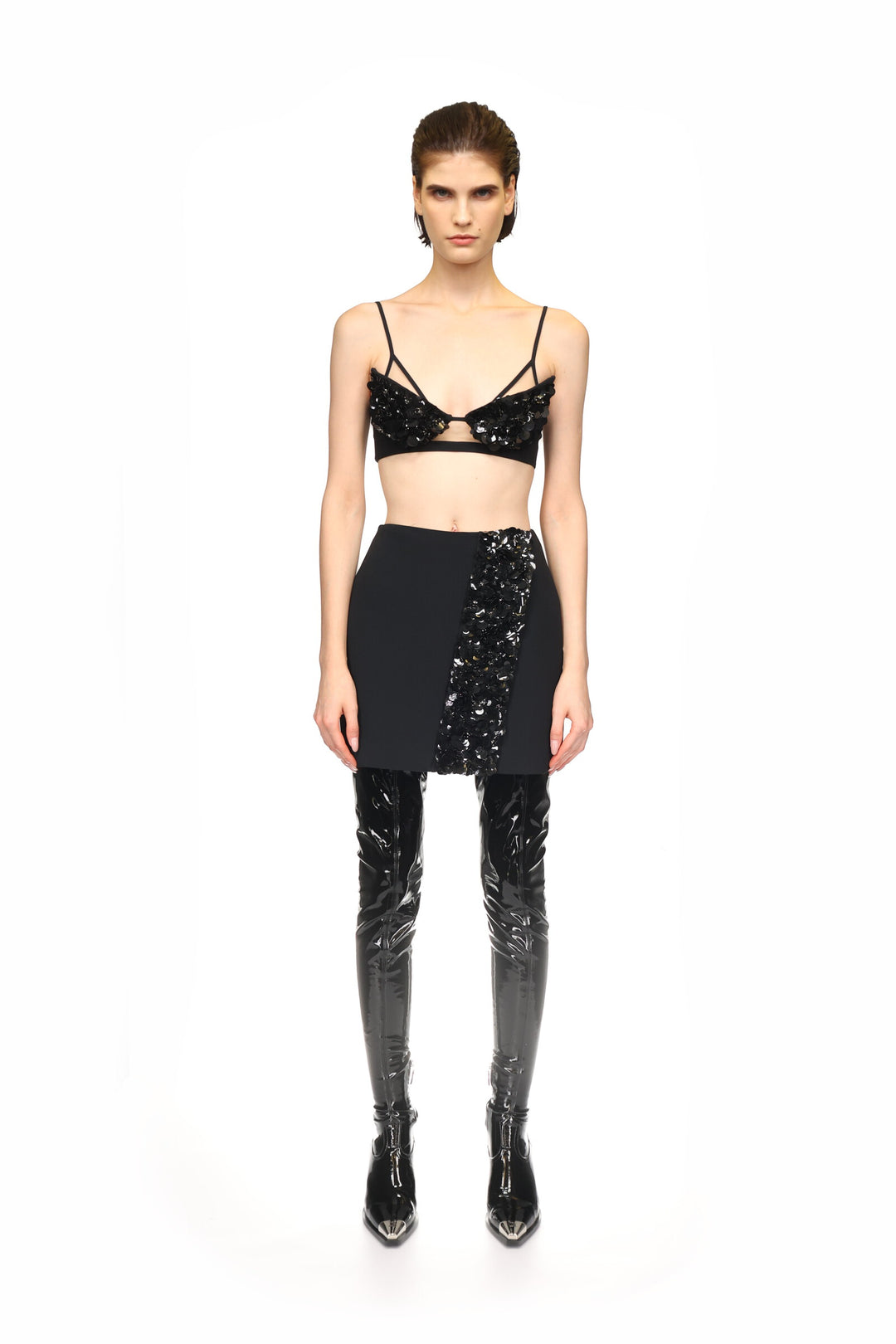 BLACK CRYSTAL AND PETAL EMBELLISHED BRA