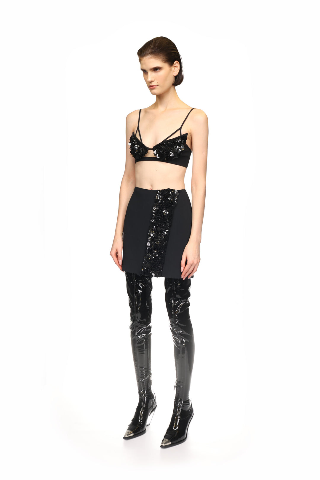 BLACK CRYSTAL AND PETAL EMBELLISHED BRA
