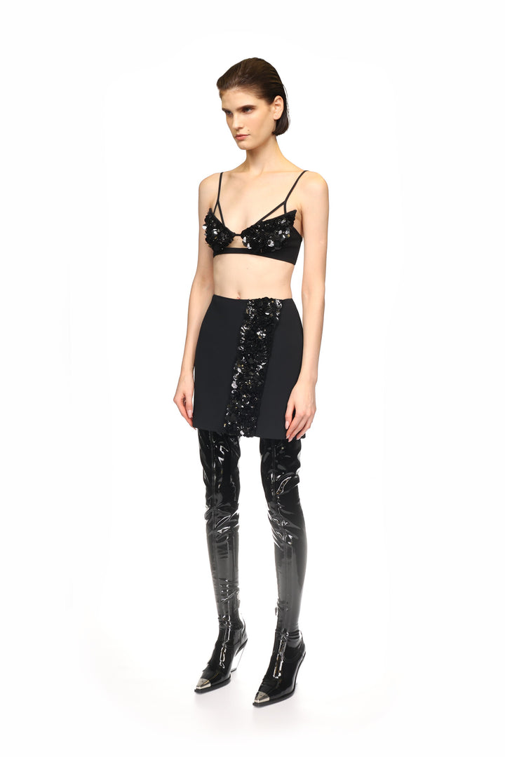 BLACK CRYSTAL AND PETAL EMBELLISHED BRA
