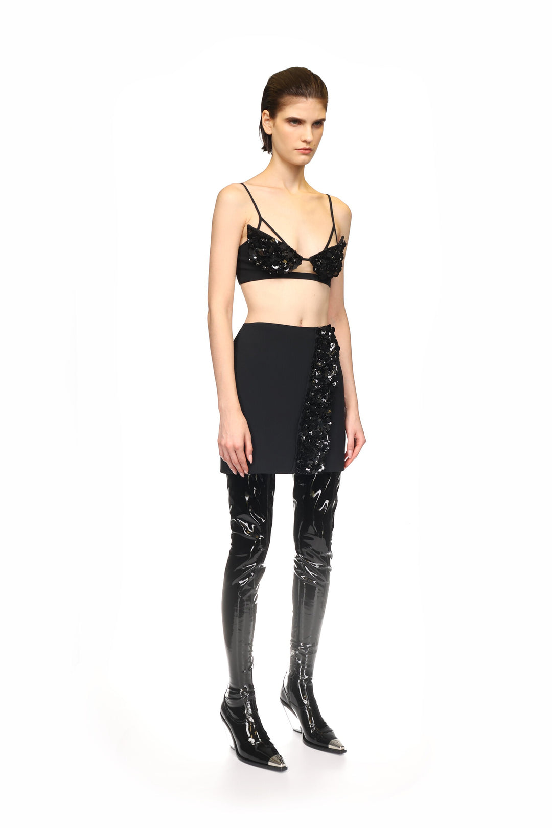BLACK CRYSTAL AND PETAL EMBELLISHED BRA