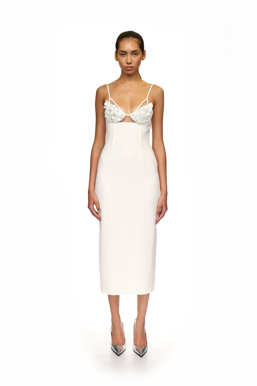 WHITE CRYSTAL AND PETAL EMBELLISHED MIDI DRESS