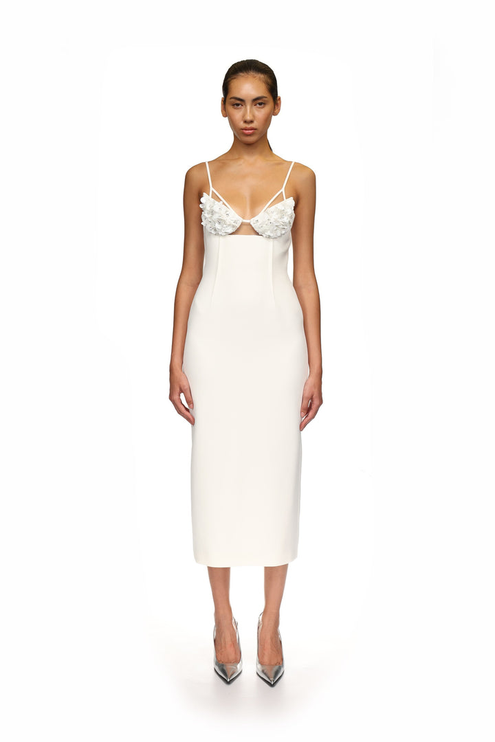 WHITE CRYSTAL AND PETAL EMBELLISHED MIDI DRESS