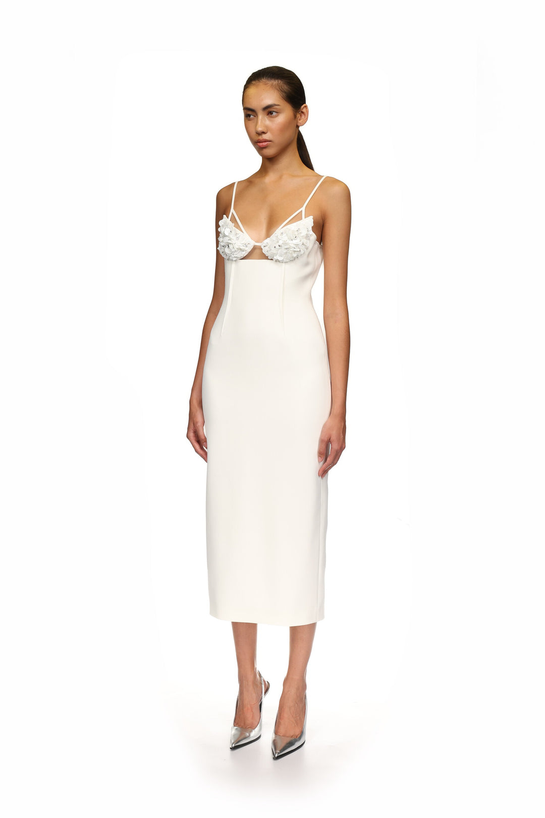 WHITE CRYSTAL AND PETAL EMBELLISHED MIDI DRESS