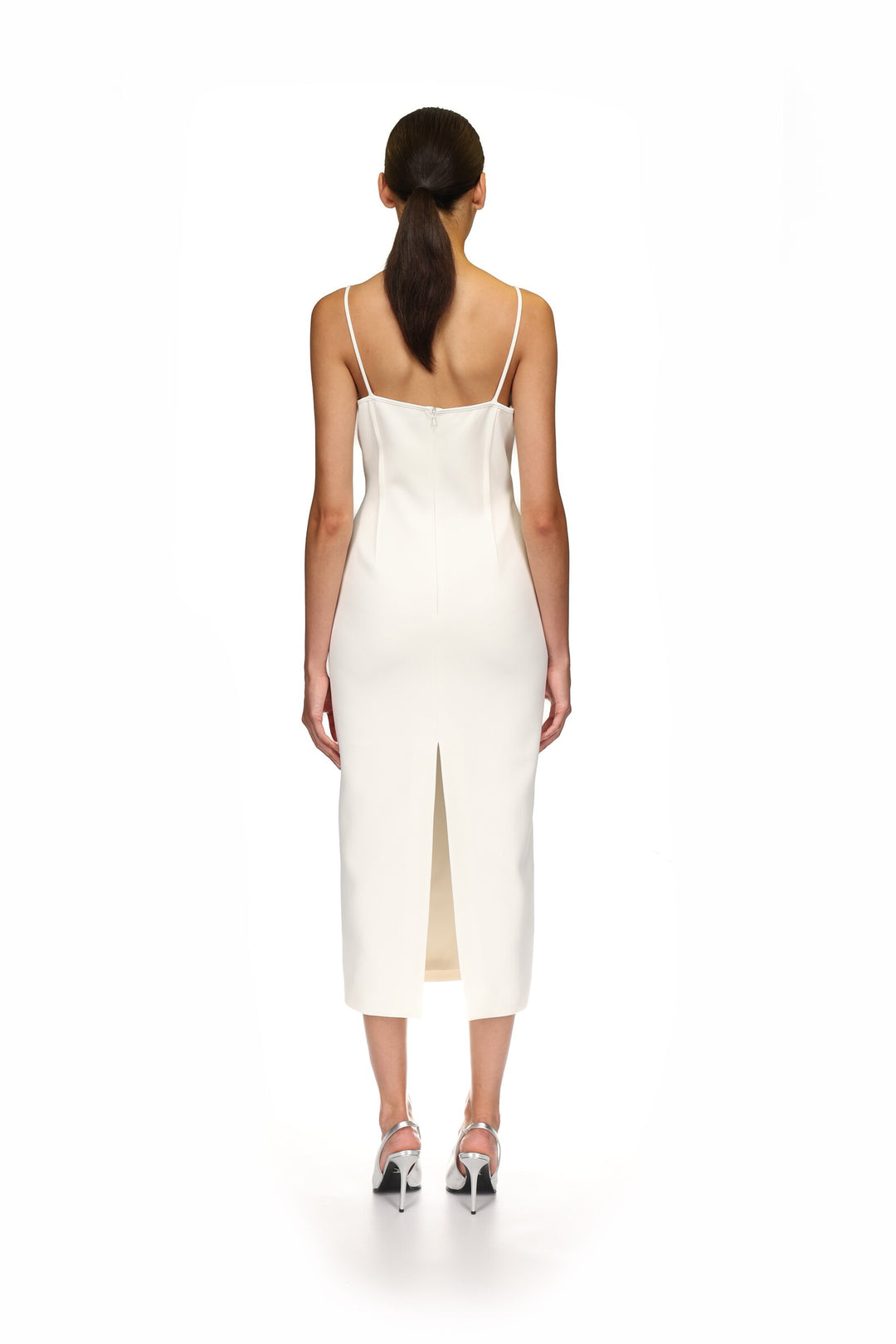 WHITE CRYSTAL AND PETAL EMBELLISHED MIDI DRESS