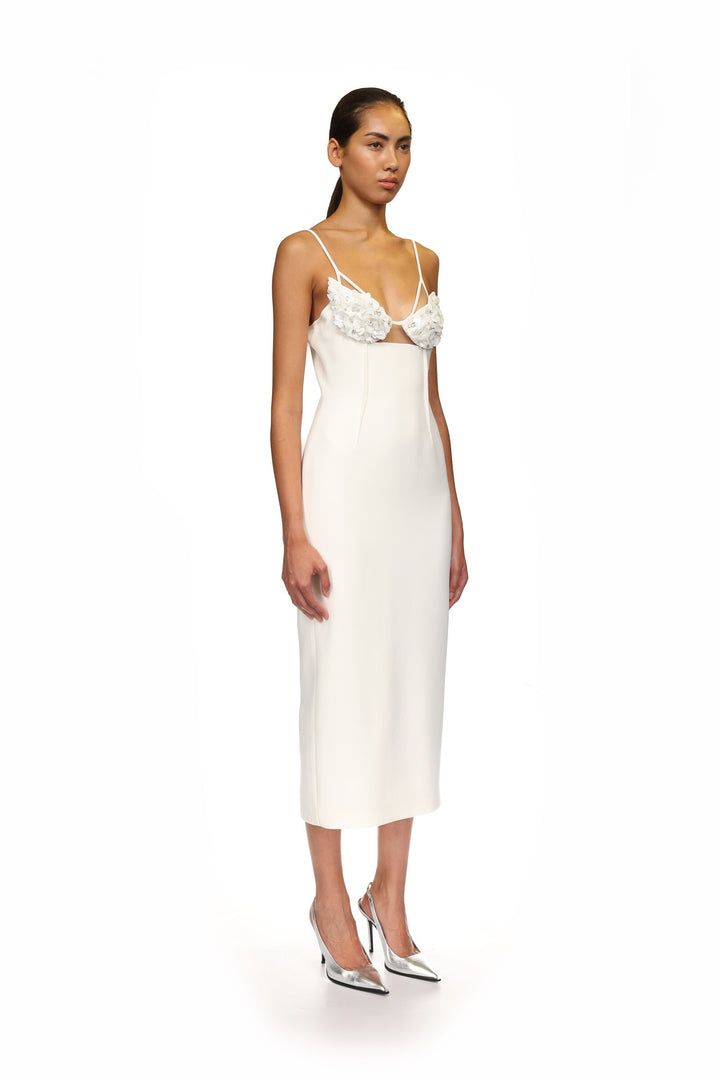 WHITE CRYSTAL AND PETAL EMBELLISHED MIDI DRESS