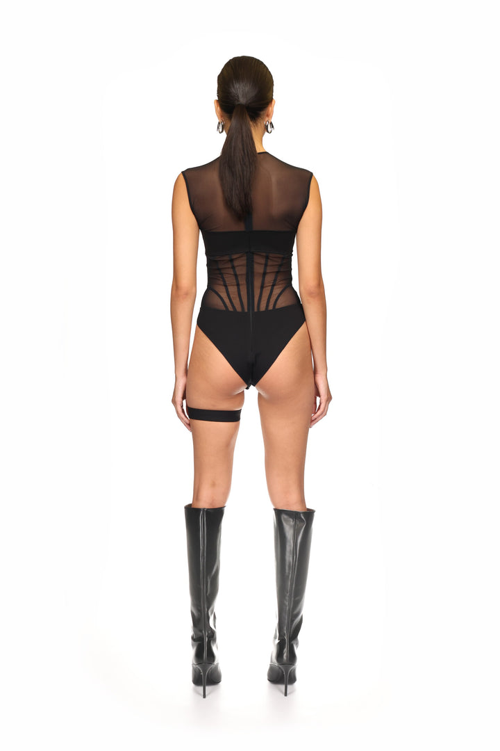 BANDEAU MESH BODYSUIT IN BLACK