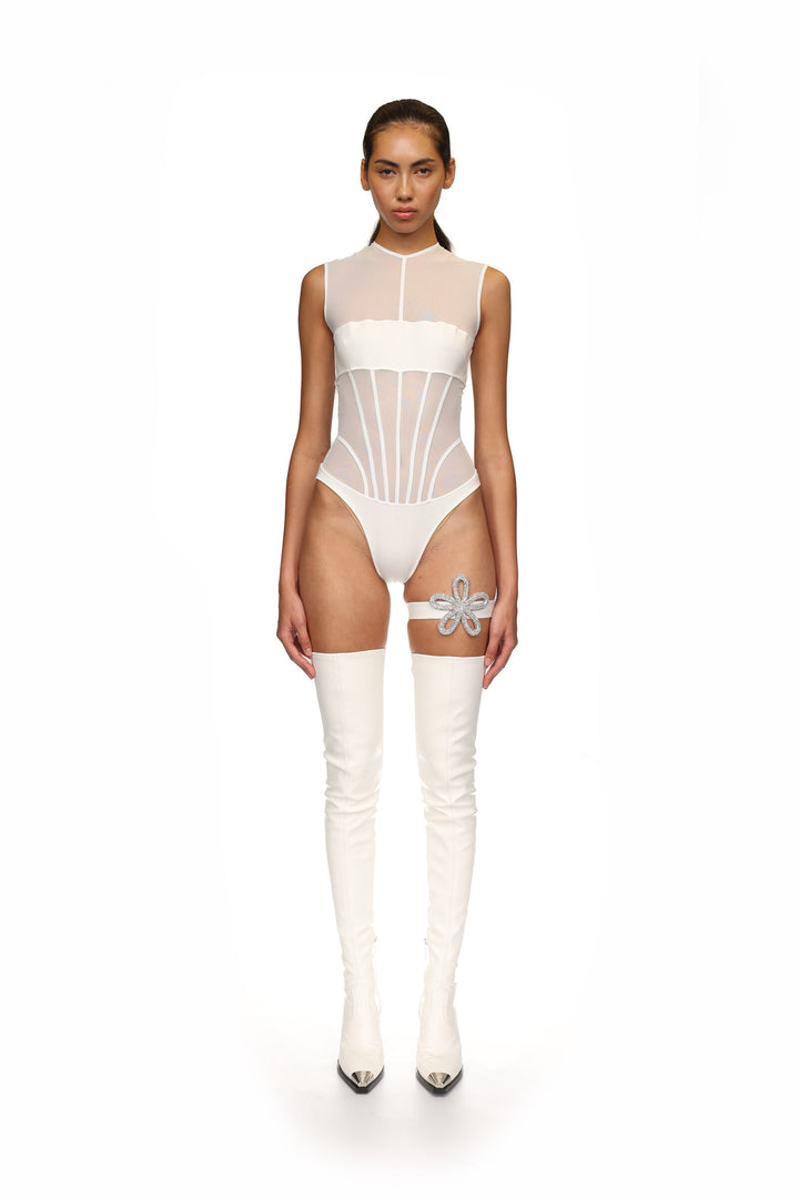 BANDEAU MESH BODYSUIT IN WHITE