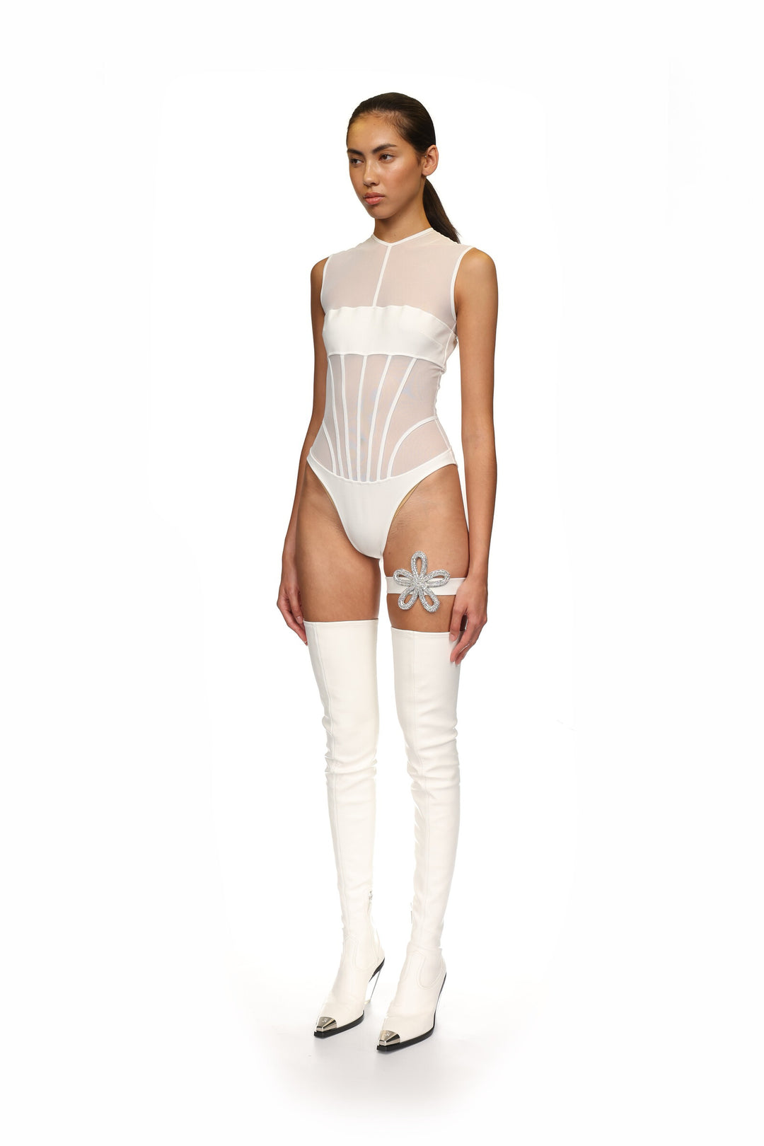 BANDEAU MESH BODYSUIT IN WHITE