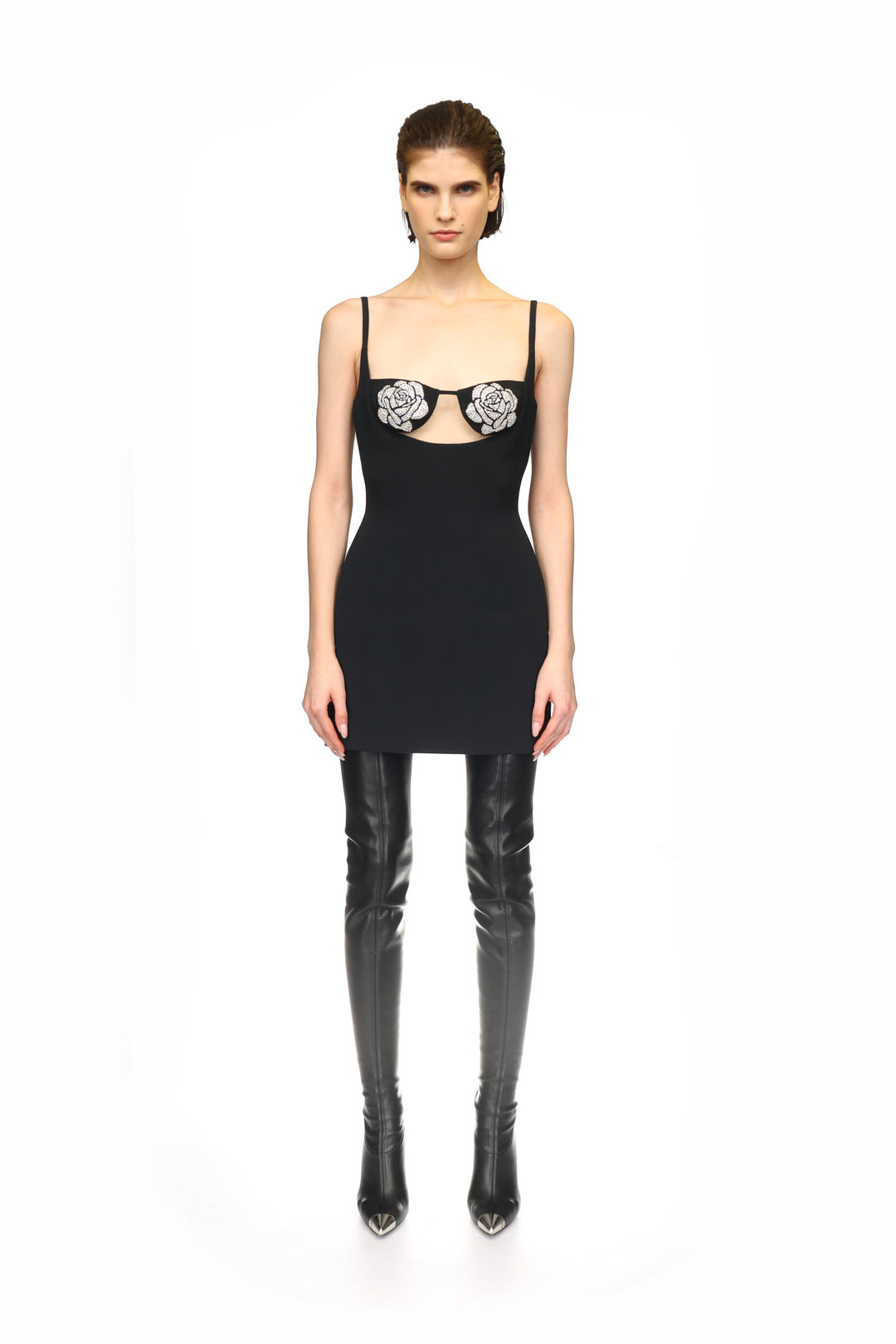 CRYSTAL ROSE EMBROIDERY CUP MINI DRESS IN BLACK