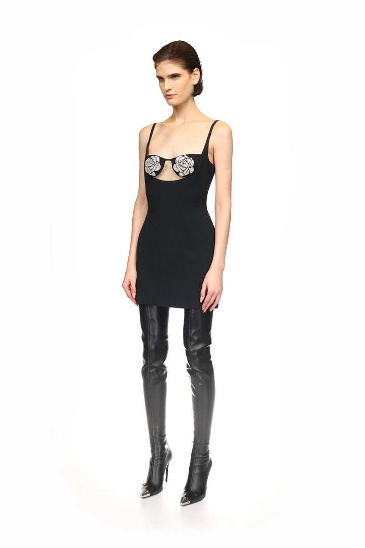 CRYSTAL ROSE EMBROIDERY CUP MINI DRESS IN BLACK