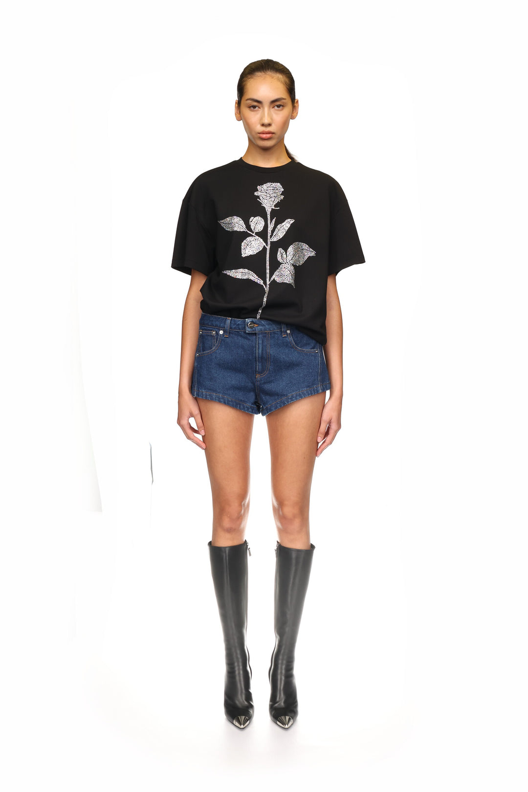 BLACK RHINESTONE ROSE T-SHIRT
