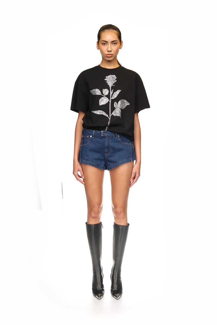 BLACK RHINESTONE ROSE T-SHIRT