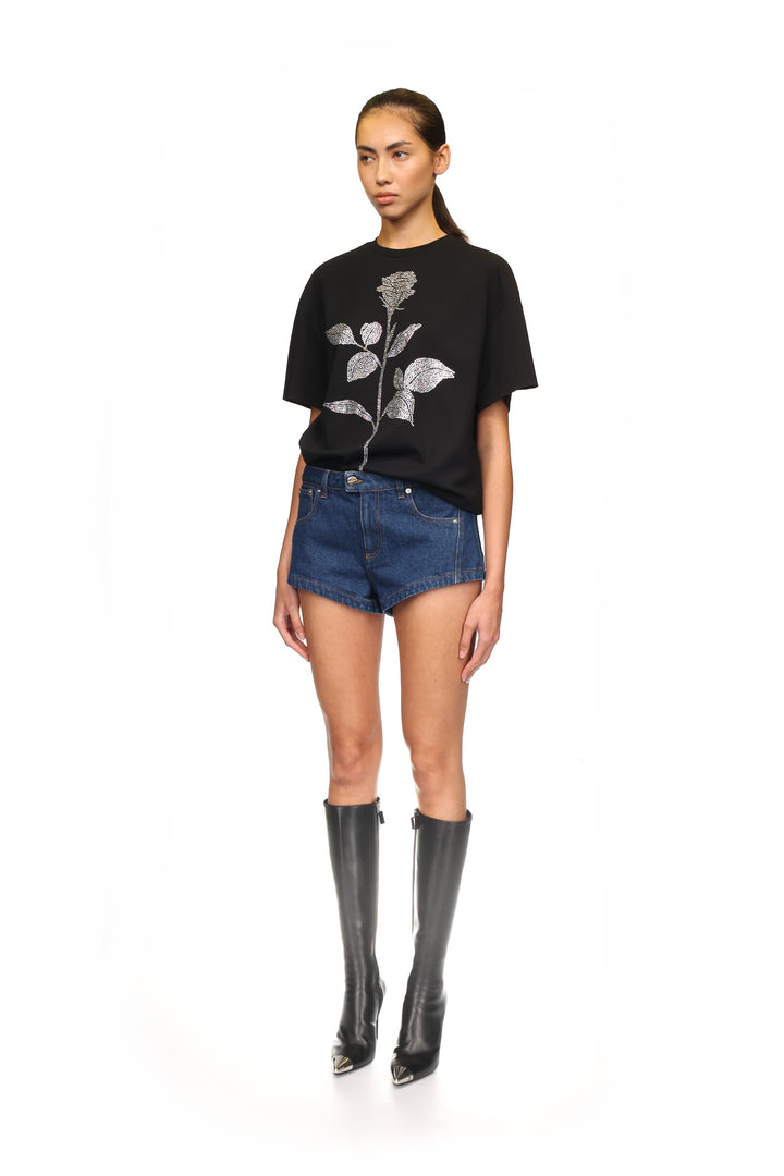 BLACK RHINESTONE ROSE T-SHIRT