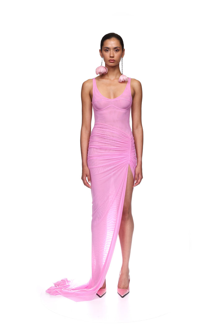 ASYMMETRIC RUCHED MESH GOWN
