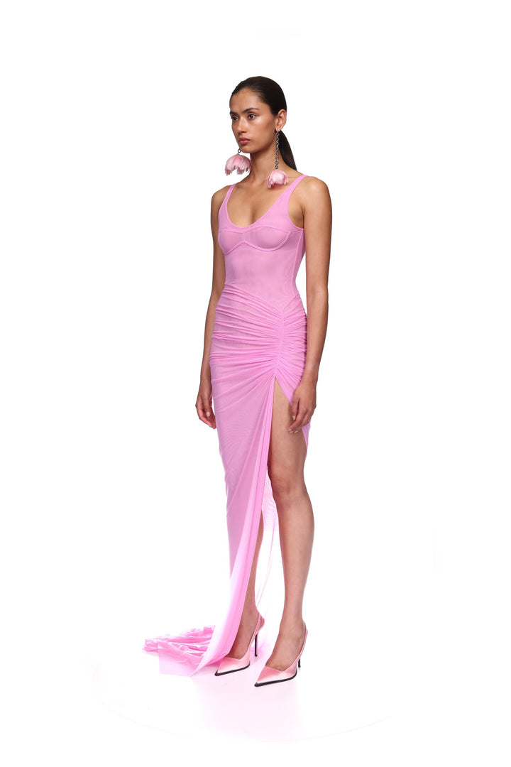 ASYMMETRIC RUCHED MESH GOWN