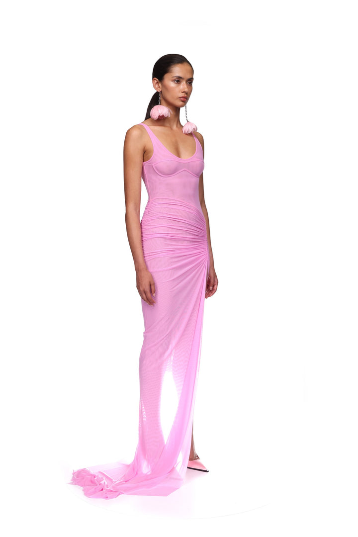 ASYMMETRIC RUCHED MESH GOWN