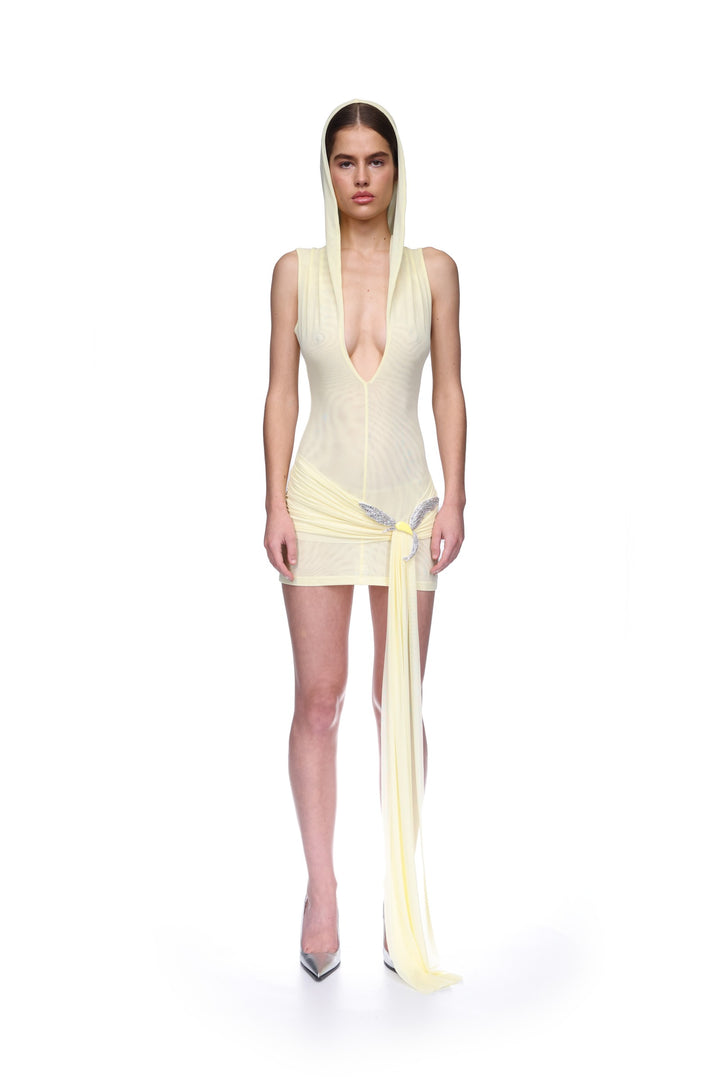 HOODED MINI DRESS WITH CRYSTAL HUMMINGBIRD