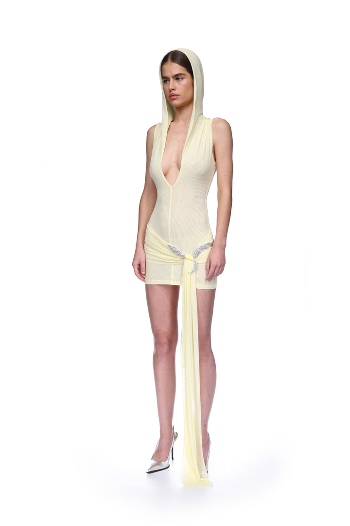 HOODED MINI DRESS WITH CRYSTAL HUMMINGBIRD