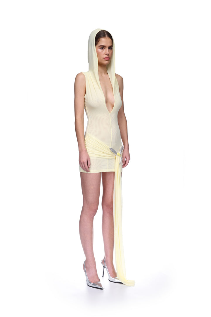 HOODED MINI DRESS WITH CRYSTAL HUMMINGBIRD