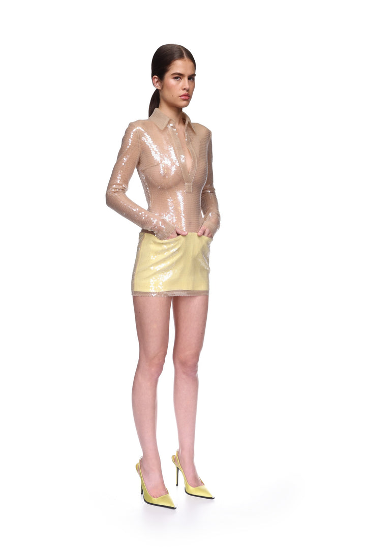 SEQUIN POLO MINI DRESS IN BEIGE