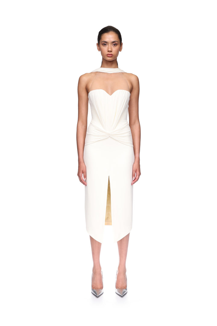 RUCHED TOP AND SCARF DETAIL MIDI DRESS