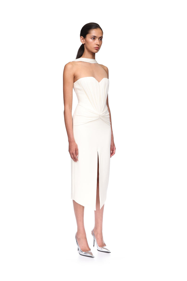 RUCHED TOP AND SCARF DETAIL MIDI DRESS