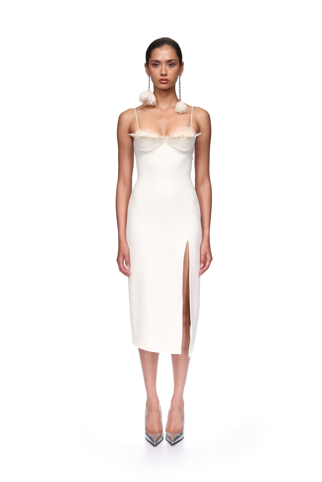RUFFLE&FEATHER BALCONETTE BRA OPEN LEG MIDI DRESS