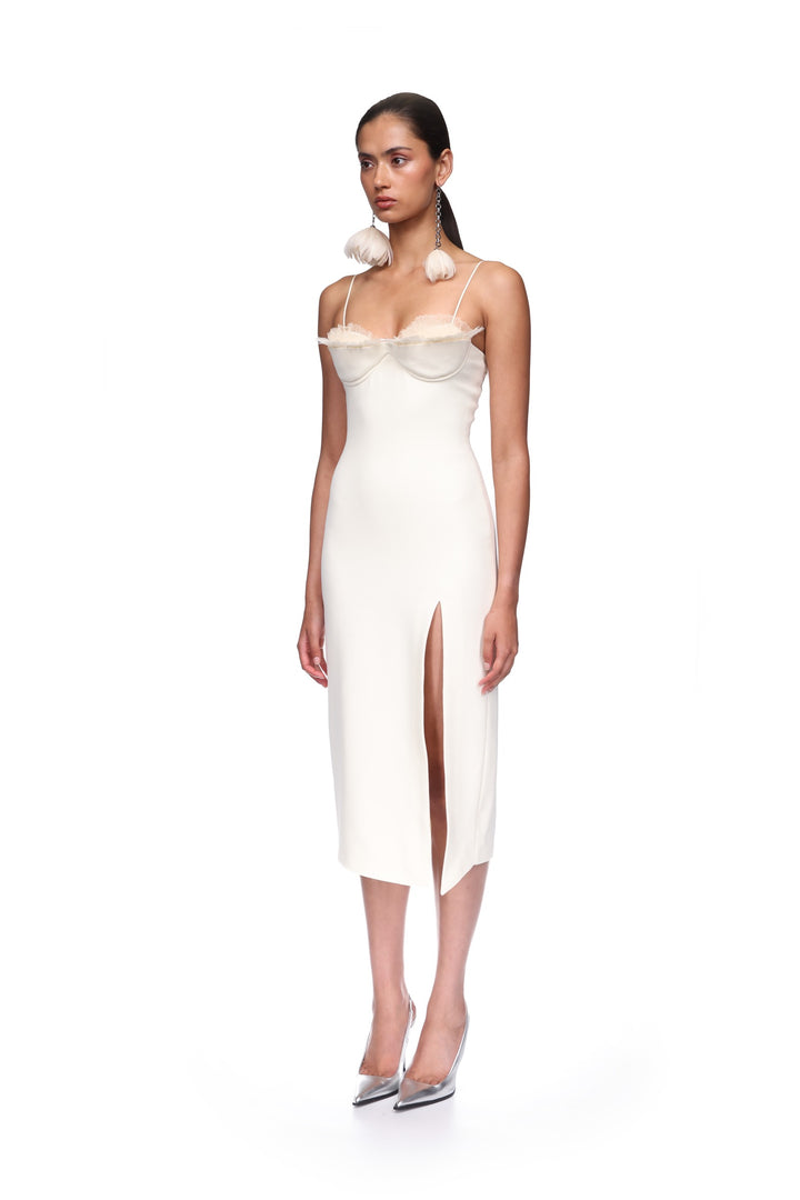 RUFFLE&FEATHER BALCONETTE BRA OPEN LEG MIDI DRESS