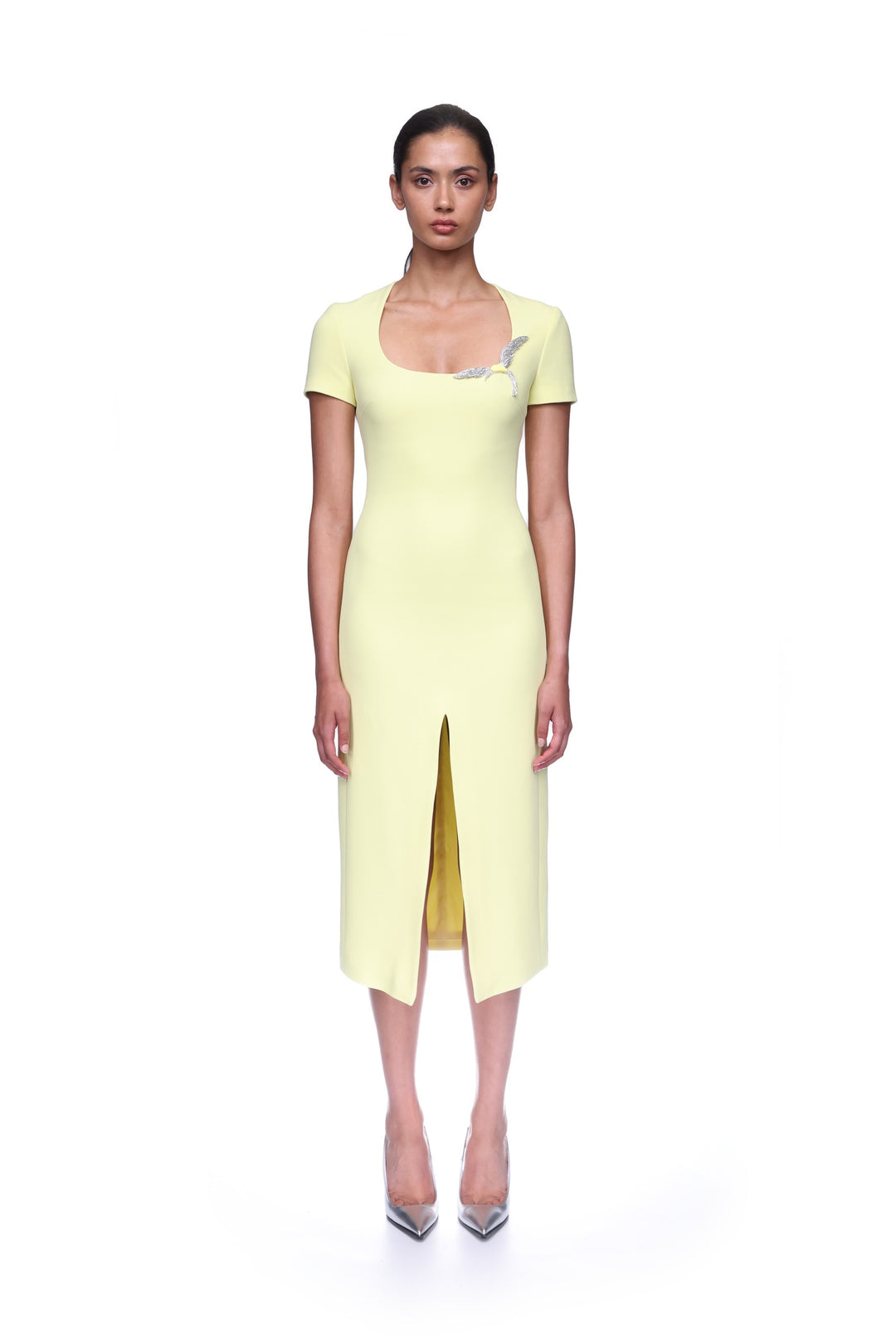SHORT SLEEVE CRYSTAL HUMMINGBIRD MIDI DRESS